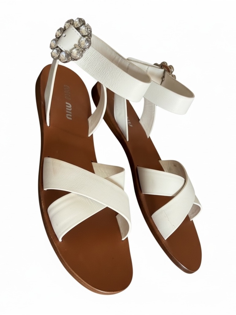 Miu Miu White Leather Sandals with Crystal Buckle